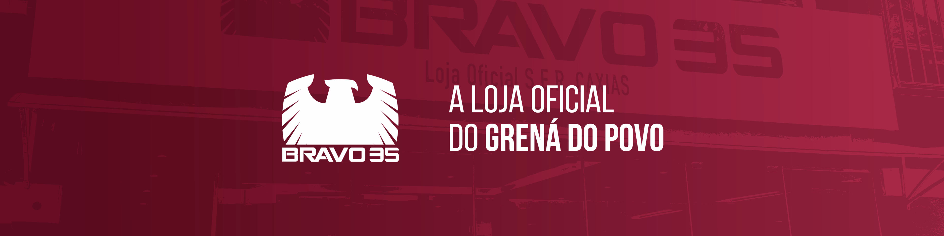 Um banner de cabeçalho com fundo bordô profundo e textura sutil de reflexo. No centro-esquerda, um logotipo branco de um pássaro estilizado com asas abertas sobre o texto 'BRAVO 35'. No centro-direita, o slogan branco em letras grandes diz: 'A LOJA OFICIAL DO GRENÁ DO POVO'.
